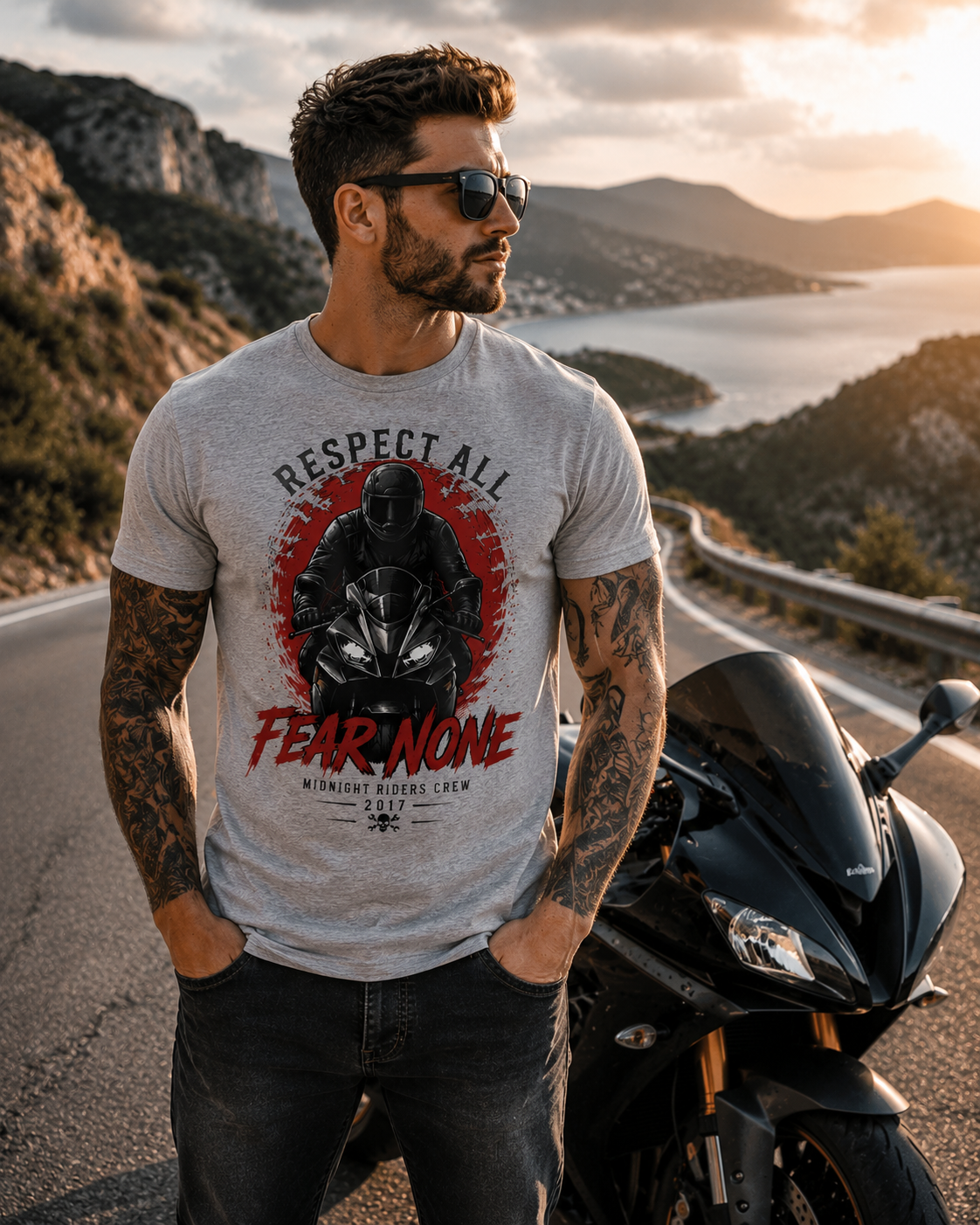 Graphic Motorcycle T-Shirt - Respect All  Fear None Bikershirt Men Woman